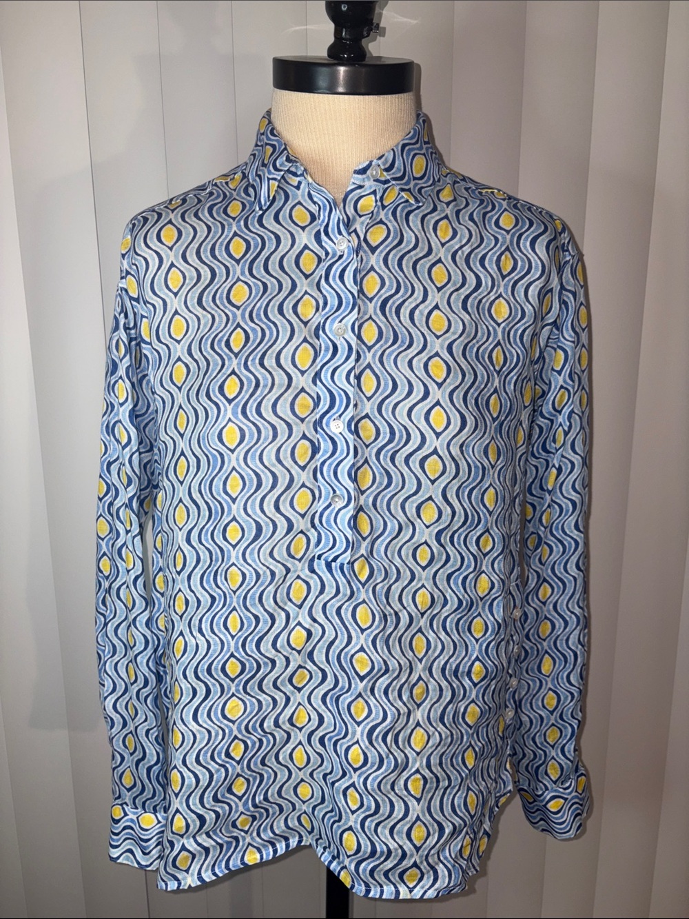 J.McLaughlin Fallon Linen Tunic Blouse XS Blue Yellow Costa Key Geometric